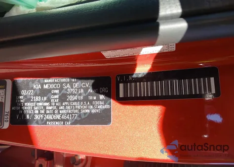 2022 Kia Forte Lxs из США, поврежденный, VIN 3KPF24AD6NE464177